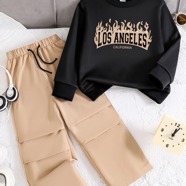 Stylish and cozy boys fleece lined sweatshirt set in trendy letter pattern perfect for cooler weather Two piece outfit includes sweatshirt and sweatpants