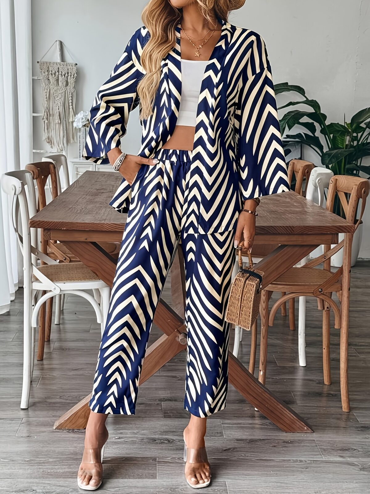 Stylish woman wearing a chic geometric print two piece set perfect for summer and fall The outfit features a flattering silhouette and vibrant print