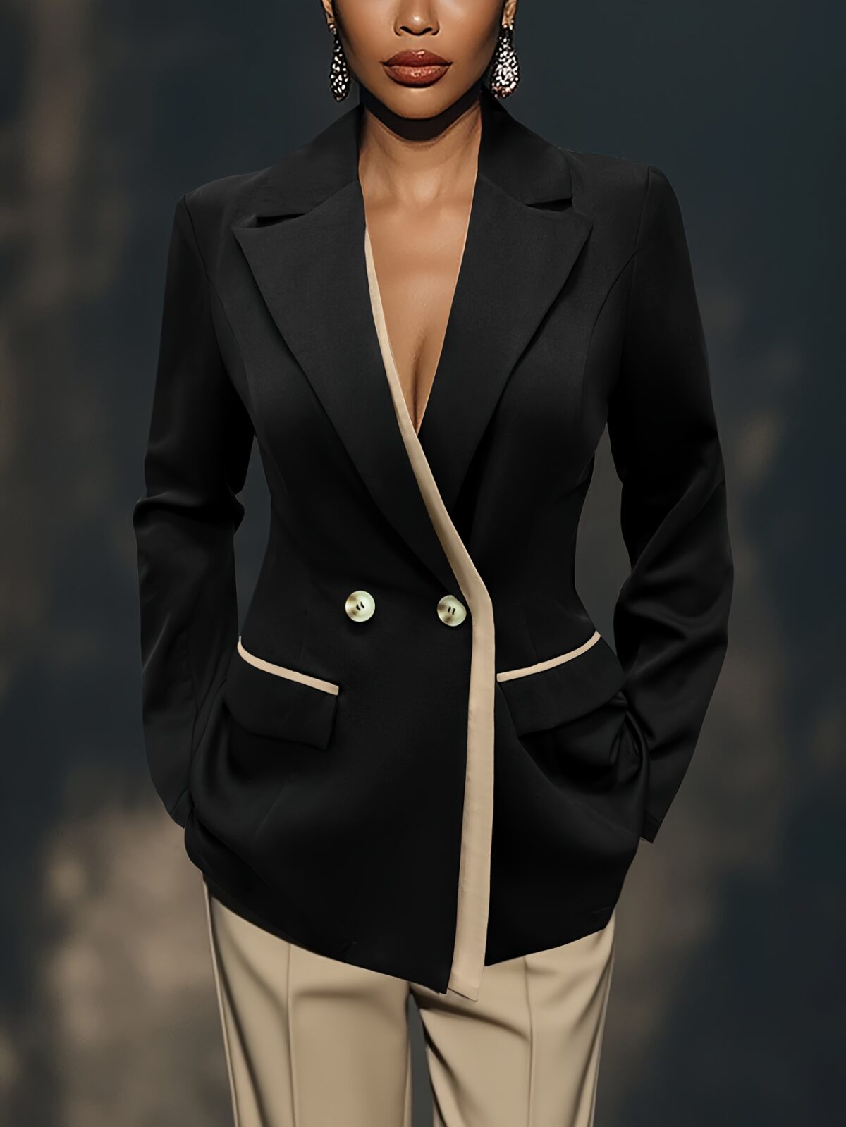 Sophisticated white double breasted womens blazer with asymmetrical hem long sleeves and high quality polyester fabric perfect for professional settings