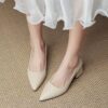 Beige ivory womens pointed toe high heels with block heel showcasing cushioned insole and non slip sole
