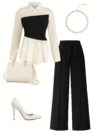 Model wearing the Newness Metropolitan Chic Two Piece Pant Set a stylish and comfortable pant set perfect for the office or everyday wear The set includes a matching top and pants in a versatile color
