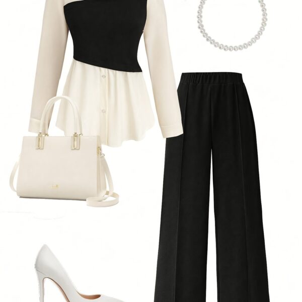 Model wearing the Newness Metropolitan Chic Two Piece Pant Set a stylish and comfortable pant set perfect for the office or everyday wear The set includes a matching top and pants in a versatile color