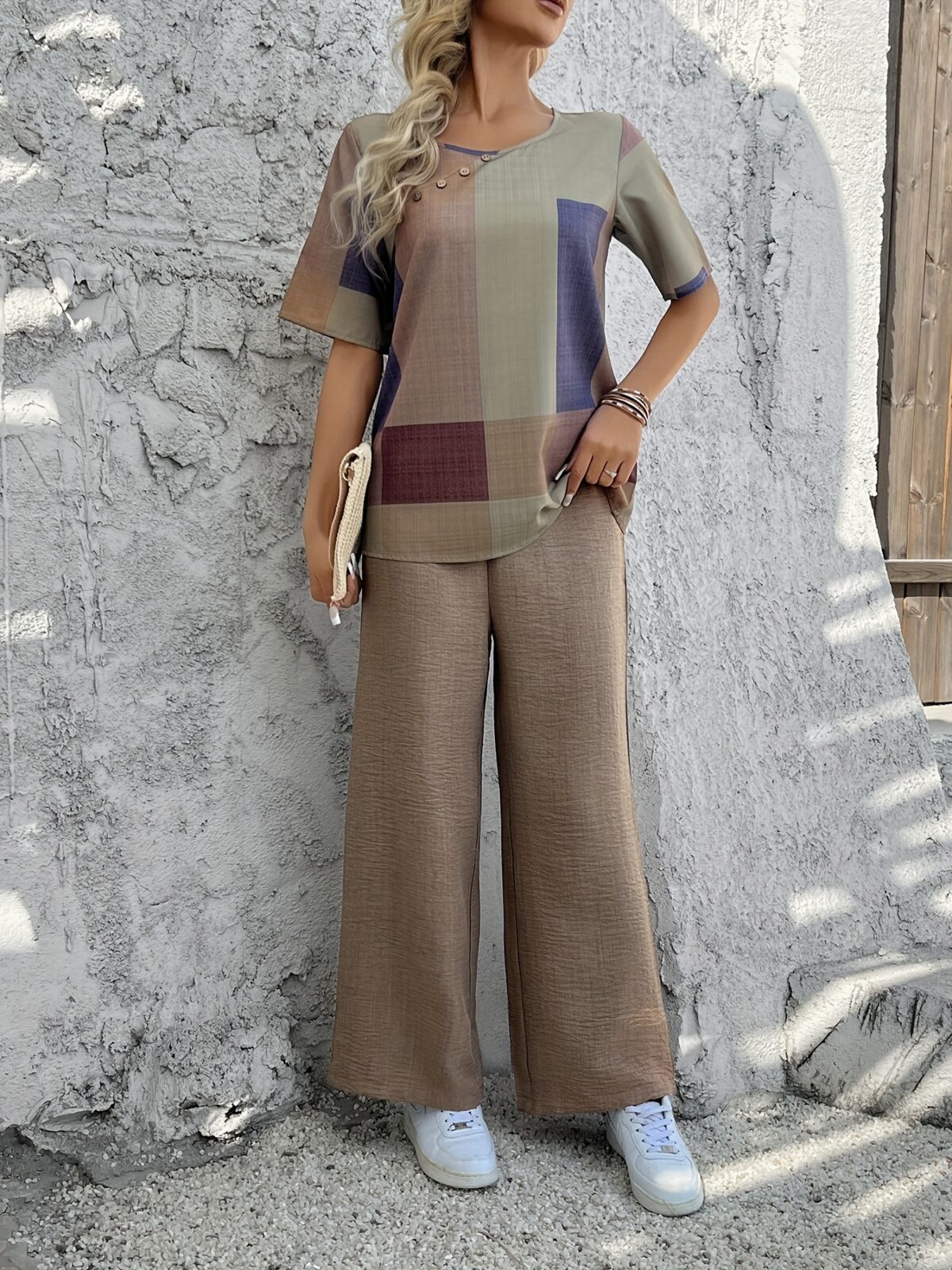 Stylish Cairo Chic Patchwork Casual Suit by Newness A modern and chic patchwork design perfect for spring and summer