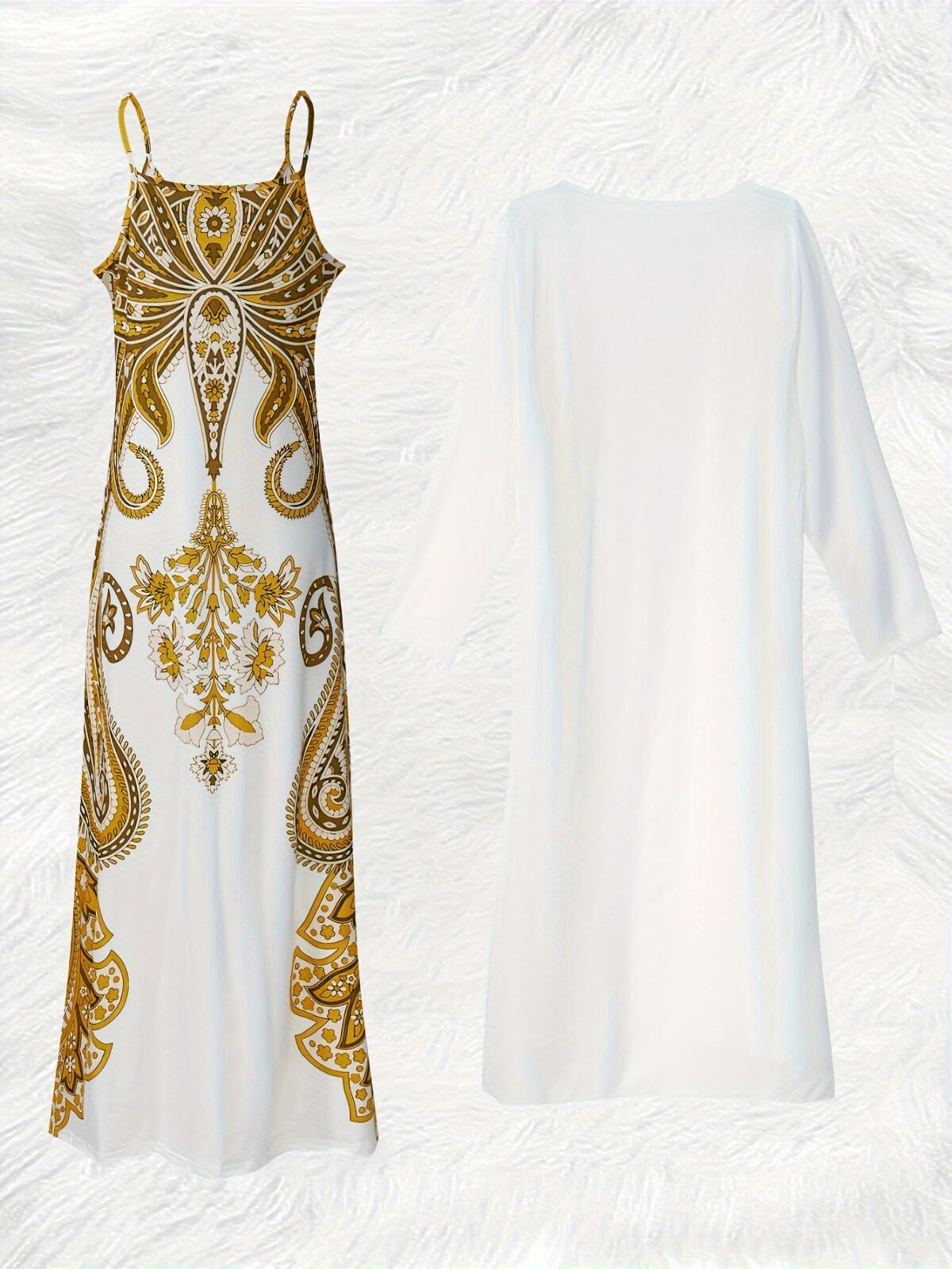 Stylish woman wearing the Newness Dubai Escape Paisley Vacation Dress Set posing against a backdrop of a luxurious Dubai hotel or resort The dress is a vibrant paisley print flowing elegantly