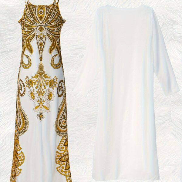 Stylish woman wearing the Newness Dubai Escape Paisley Vacation Dress Set posing against a backdrop of a luxurious Dubai hotel or resort The dress is a vibrant paisley print flowing elegantly