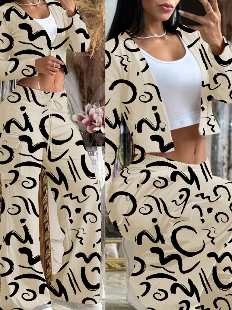 Stylish Cairo Nights Geometric Print Set from Newness. Two-piece outfit in chic, modern geometric print, perfect for spring and summer.