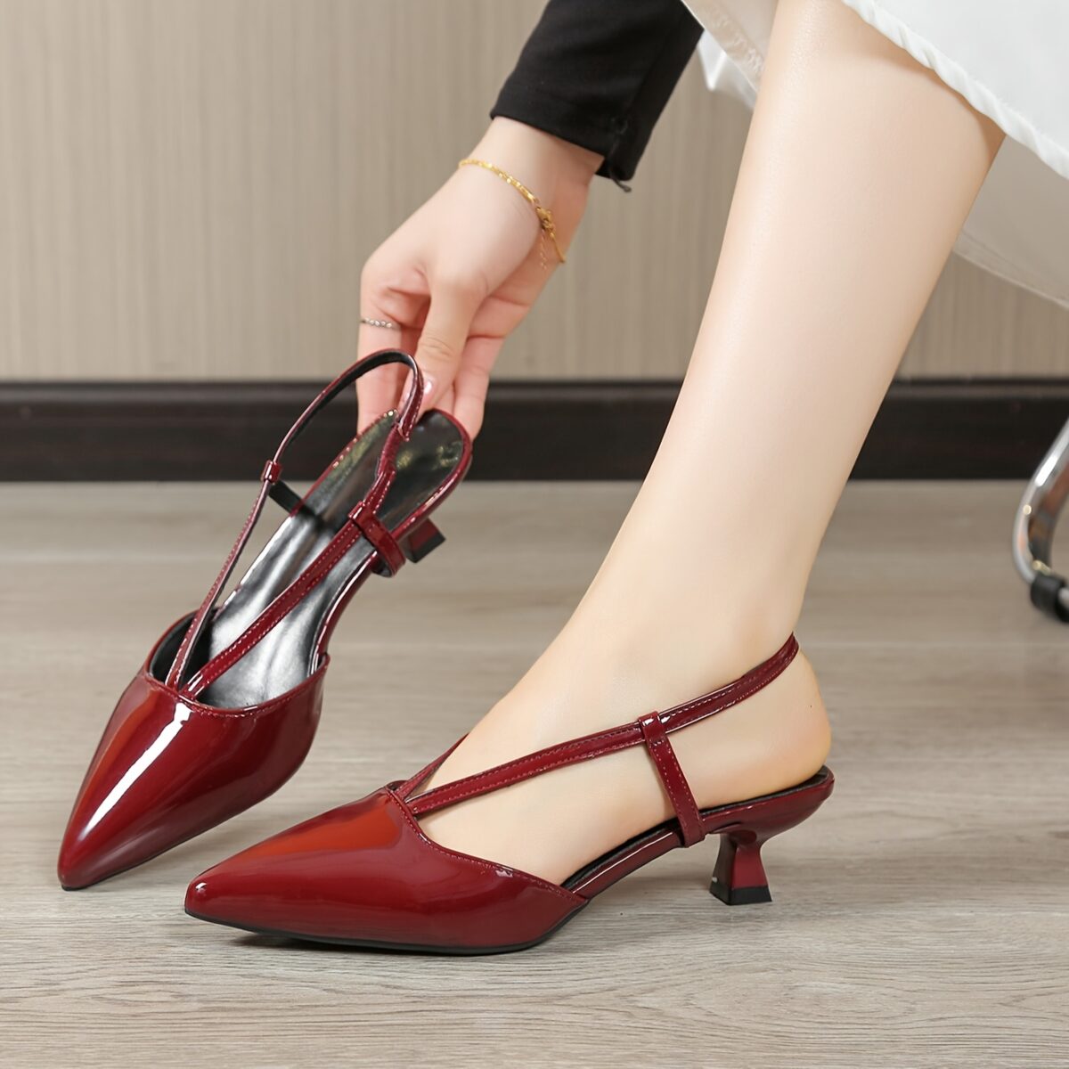 Womens vibrant red pointed toe kitten heel pumps with ankle strap