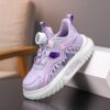 Pastel Pop Girls Low Top Sneakers showcasing the rotating buckle pastel purple and pink checkered and striped design and comfortable cushioned sole
