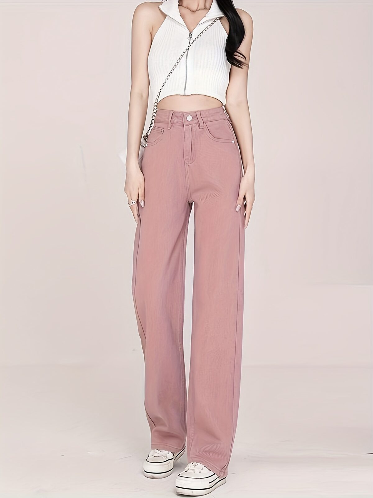 Newness Milan High Waisted Straight Leg Jeans Flattering fit timeless style A model wears the jeans