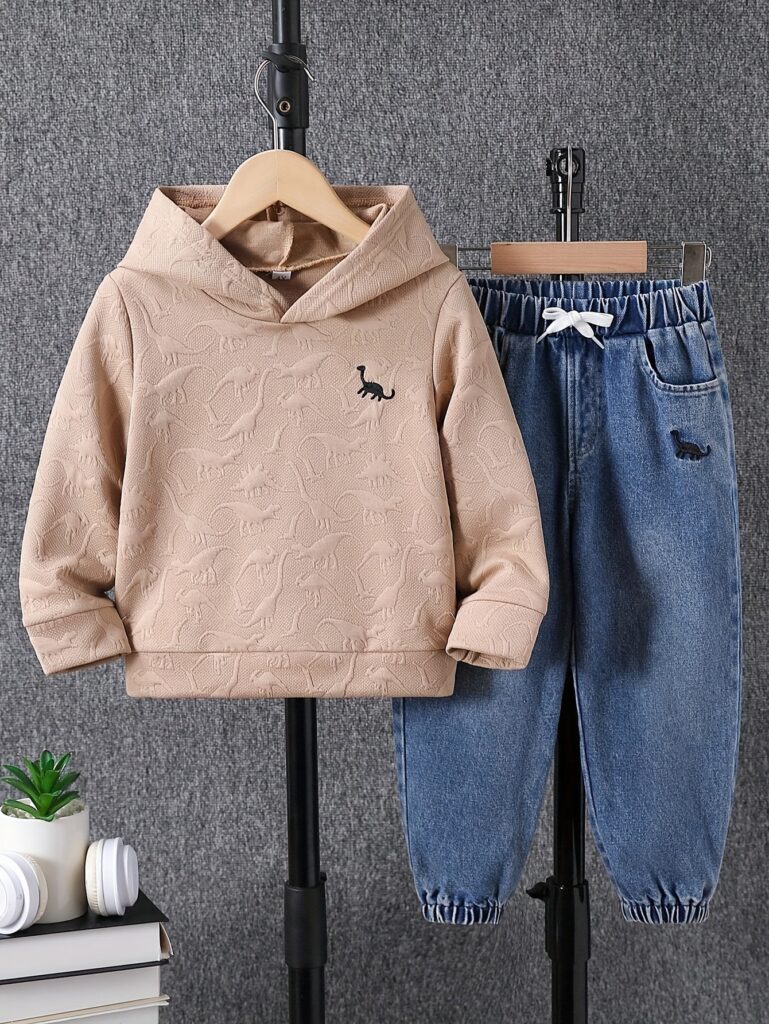 Stylish Dino Dude boys' 2-piece outfit featuring a knit hoodie and jeans, perfect for playtime or outings. Dinosaur embroidery adds a trendy touch.