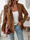 Flattering A line brown blazer with tailored collar single button perfect for fall and winter Hand washable