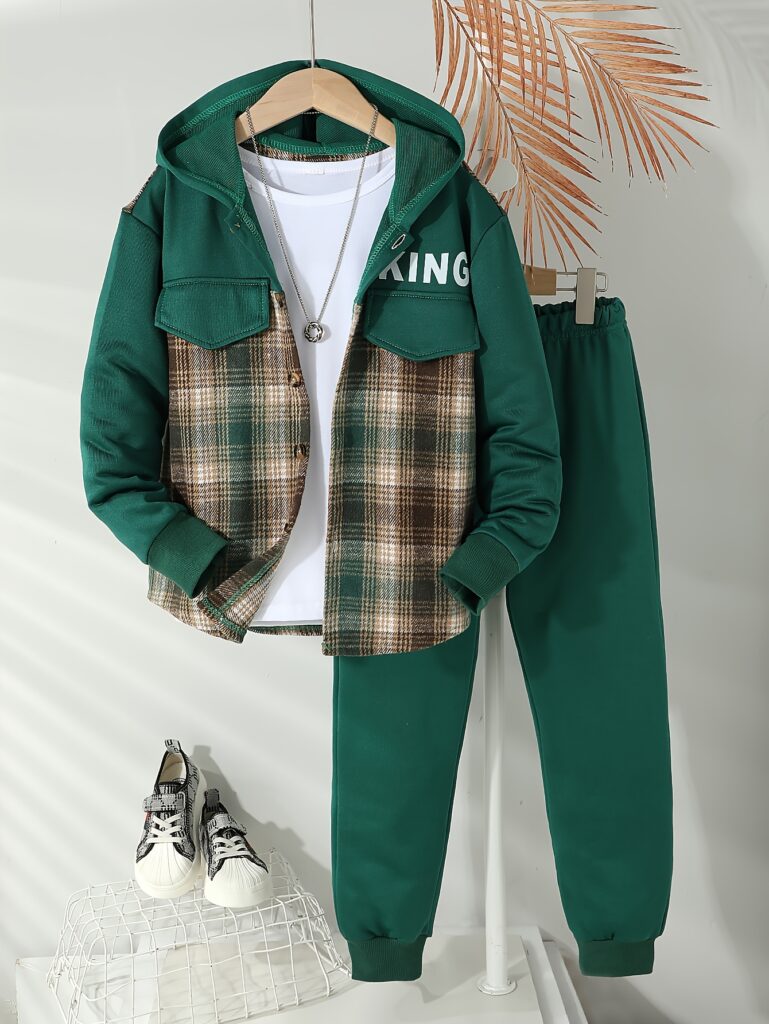 Stylish and comfortable boys' casual outfit set, perfect for autumn and winter. Featuring a hooded jacket and matching pants in a soft polyester blend. Ideal for keeping your little one warm and trendy this season.