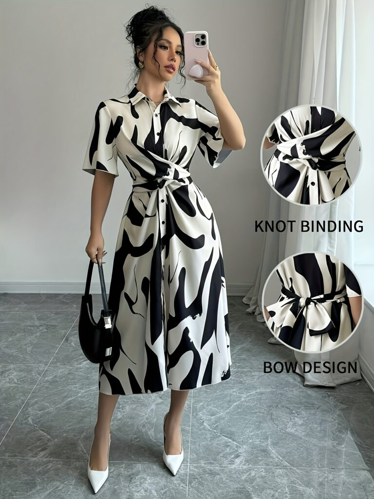 Model wearing the Newness Milan Abstract Print Dress, a chic and sophisticated midi dress with a unique abstract print, perfect for summer.