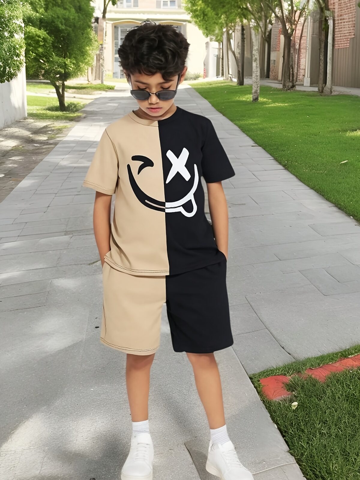 Adorable boy wearing a trendy color block set perfect for playtime school or any casual occasion The outfit features vibrant colors and a comfortable soft fabric