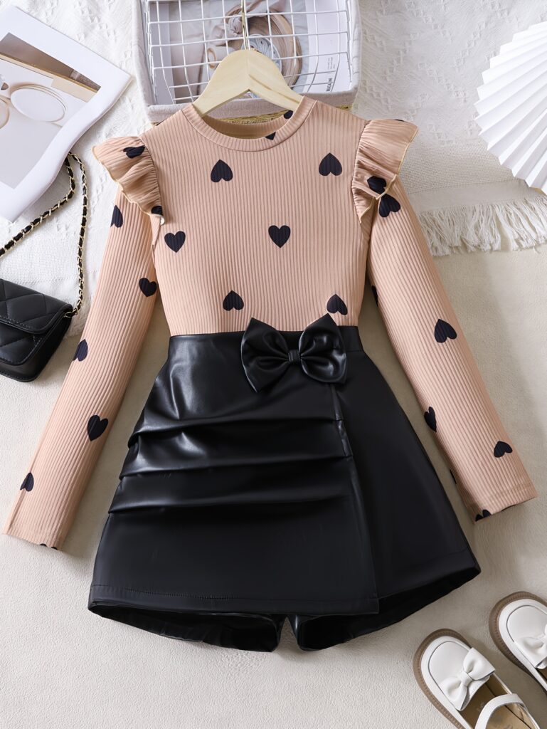 Adorable girls' two-piece outfit in a chic vintage style. Featuring a ribbed top and stylish skirt pants, perfect for spring or fall.