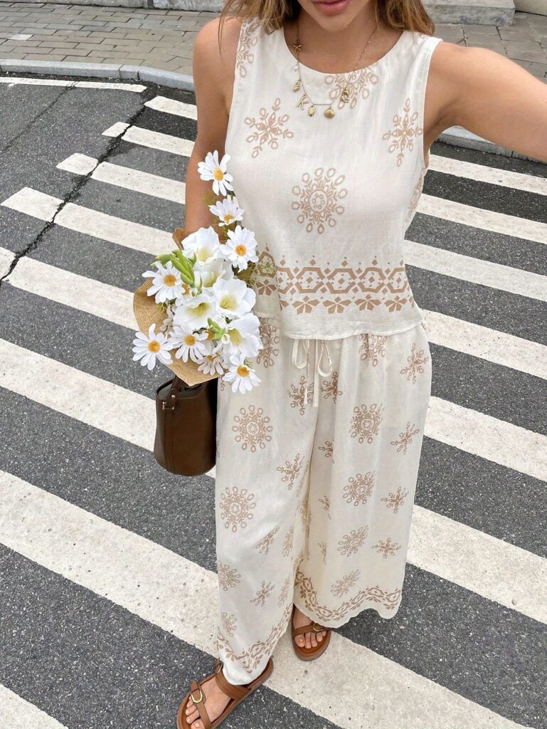 Effortlessly chic Casablanca Floral Print Set from Newness, a luxurious two-piece outfit in a vibrant floral print, crafted from a rayon and polyester blend.