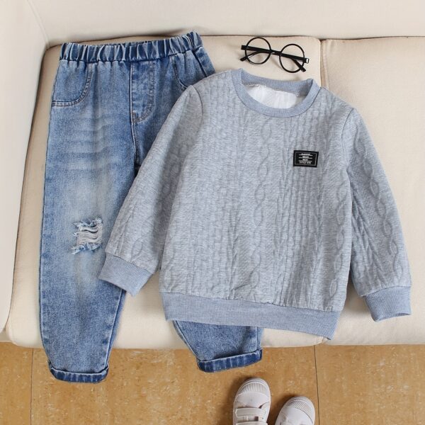 Stylish boys outfit long sleeve solid color top and ripped faux denim jeans perfect for spring and fall