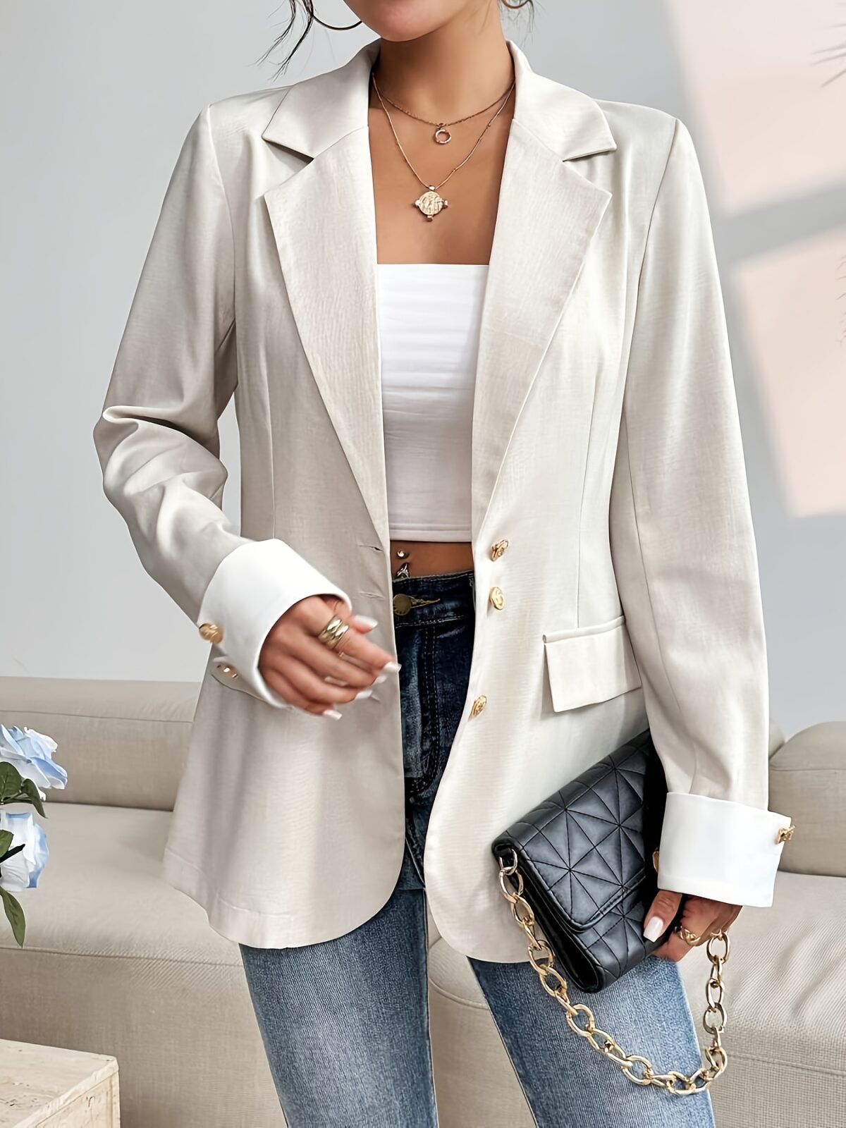 Executive Chic Womens Elegant Beige Blazer A versatile beige blazer perfect for professional or casual wear Tailored fit classic silhouette crafted from high quality polyester