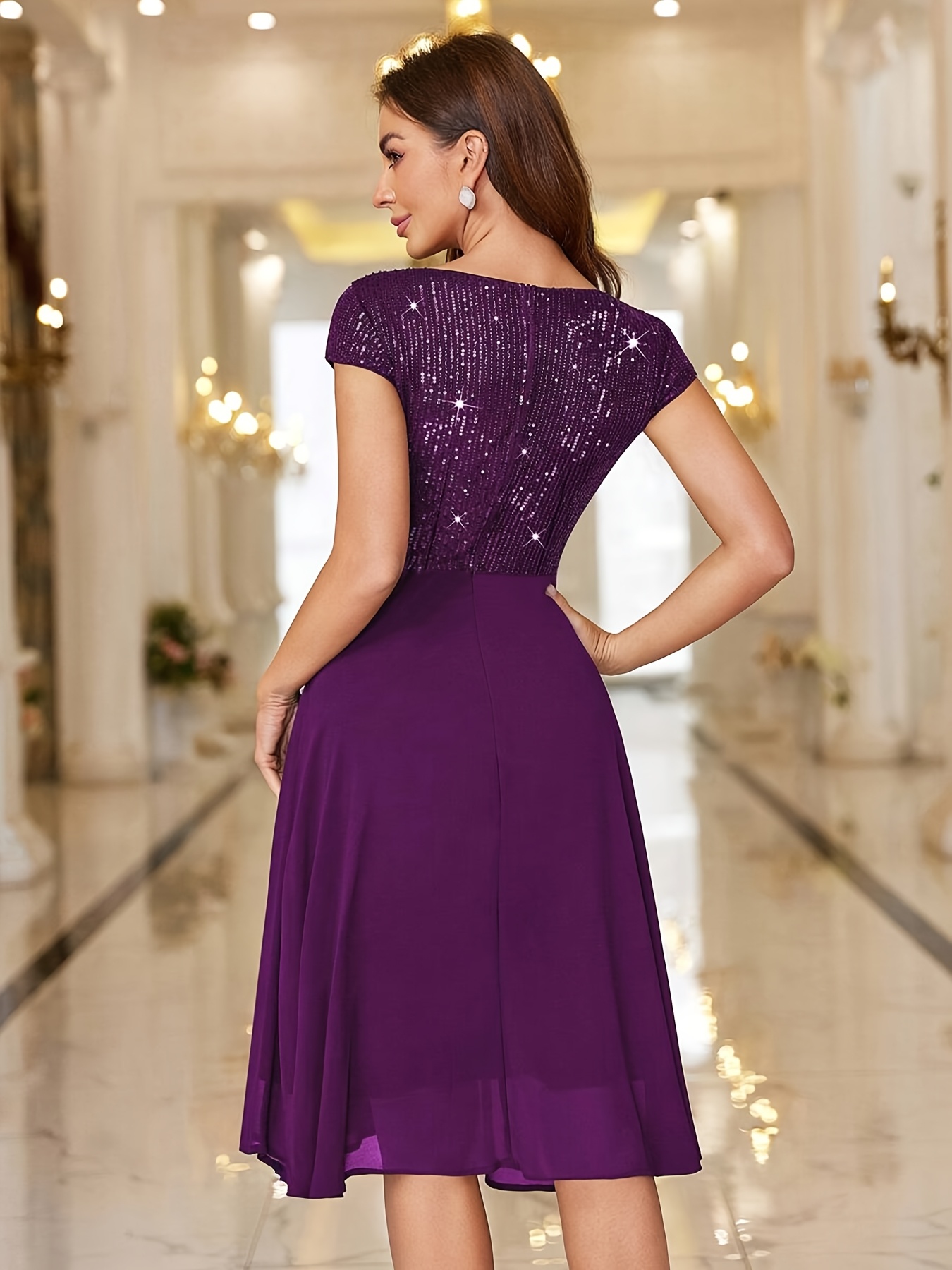 Women's Black Sequin Embellished Bodycon Dress - Middle Eastern-Inspired A-Line Midi Dress with Short Sleeves & Round Neck, Hand Washable Elegant Formal Party Wear, Sequin Party Dress, Galas And Events, No Stretch Material