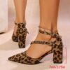 Womens beige pointed toe Mary Jane heels with a chunky block heel Faux leather interior Elegant and versatile