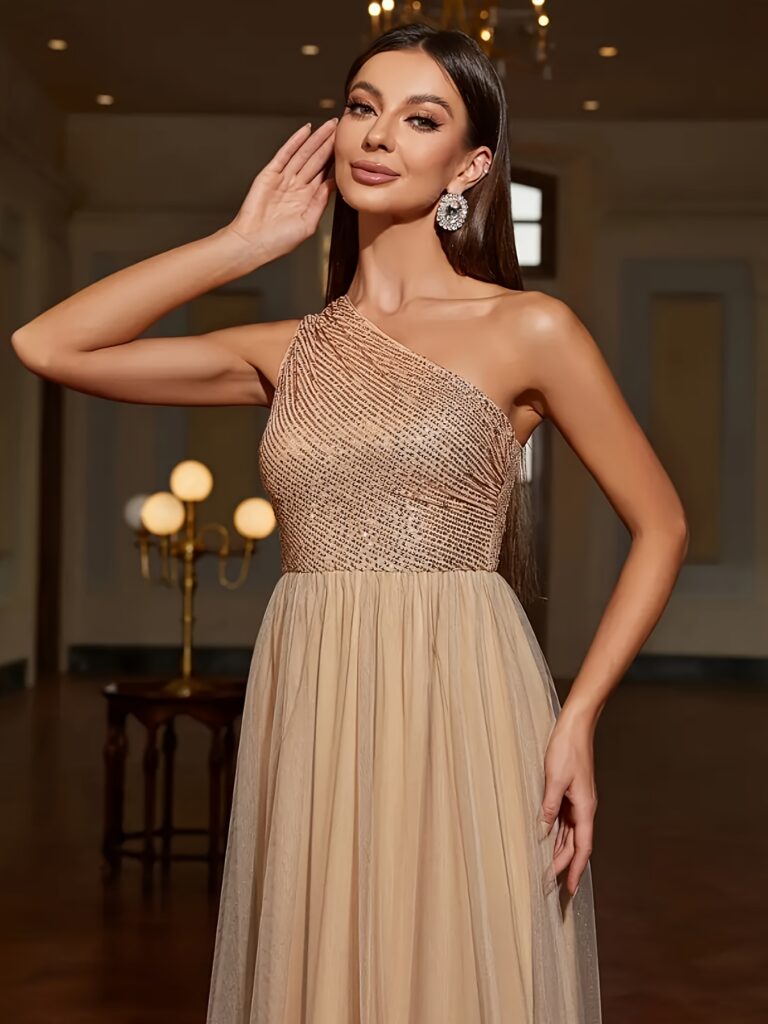Evening Radiance Women's Sequin V-Neck Gown: Shine in this elegant floor-length gown, perfect for weddings, parties, and special events. Features a flattering V-neck and dazzling sequins.