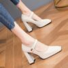 Womens white Mary Jane shoes with a golden buckle square toe and block heel Comfortable rubber sole