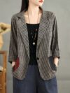 City Chic Striped Blazer Jacket with Color Block Pockets A stylish striped blazer in a relaxed fit perfect for spring and fall featuring trendy color block pockets