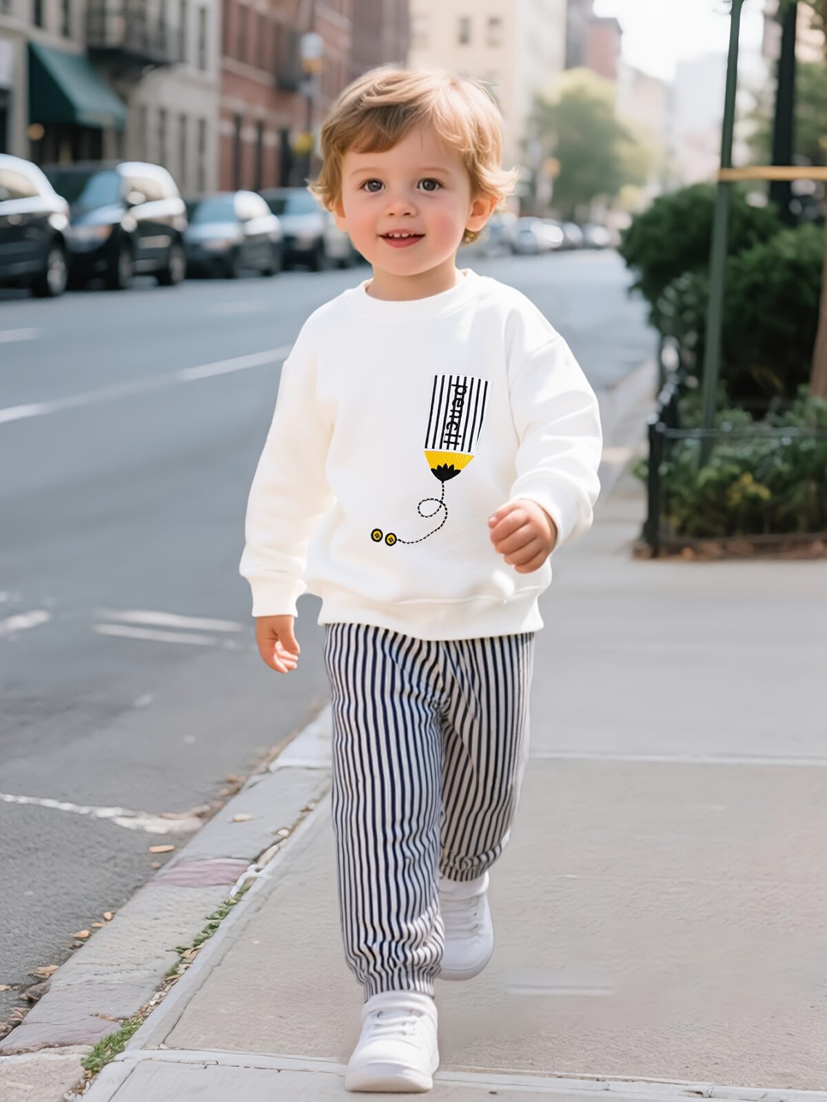 Adorable boys hoodie and sweatpants set featuring a stylish pencil pattern hoodie and comfortable striped sweatpants Perfect for school playdates or cozy days at home