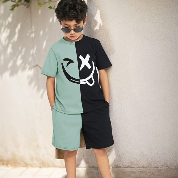 Adorable boy wearing a trendy color block set perfect for playtime school or any casual occasion The outfit features vibrant colors and a comfortable soft fabric