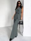 Model wearing the Newness Dubai Breeze Elegant Wide Leg Set a stylish two piece outfit featuring wide leg pants and a coordinating top perfect for any occasion