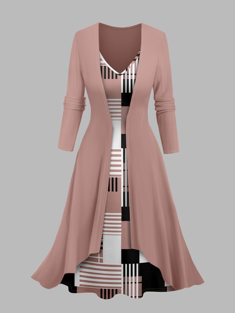 Stylish Cairo Geometric Print Dress and Cardigan Set by Newness. Flattering silhouette, perfect for any occasion.