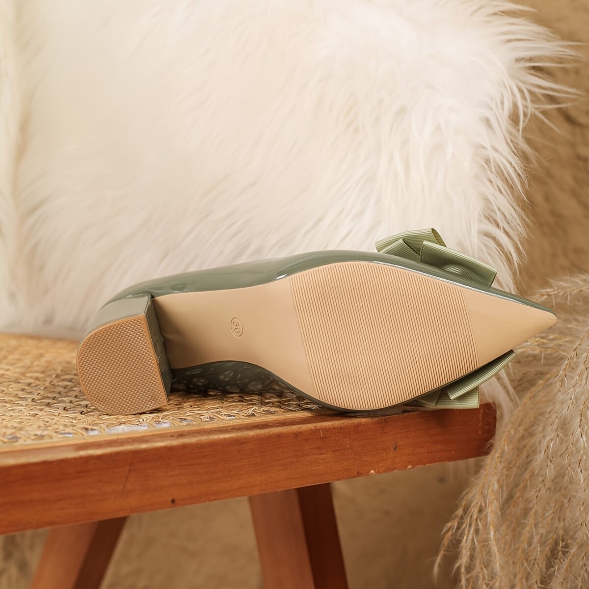 Sage Blossom Pointed Block Heel Pumps by Newness Chic pointed toe pumps with a comfortable block heel perfect for any occasion