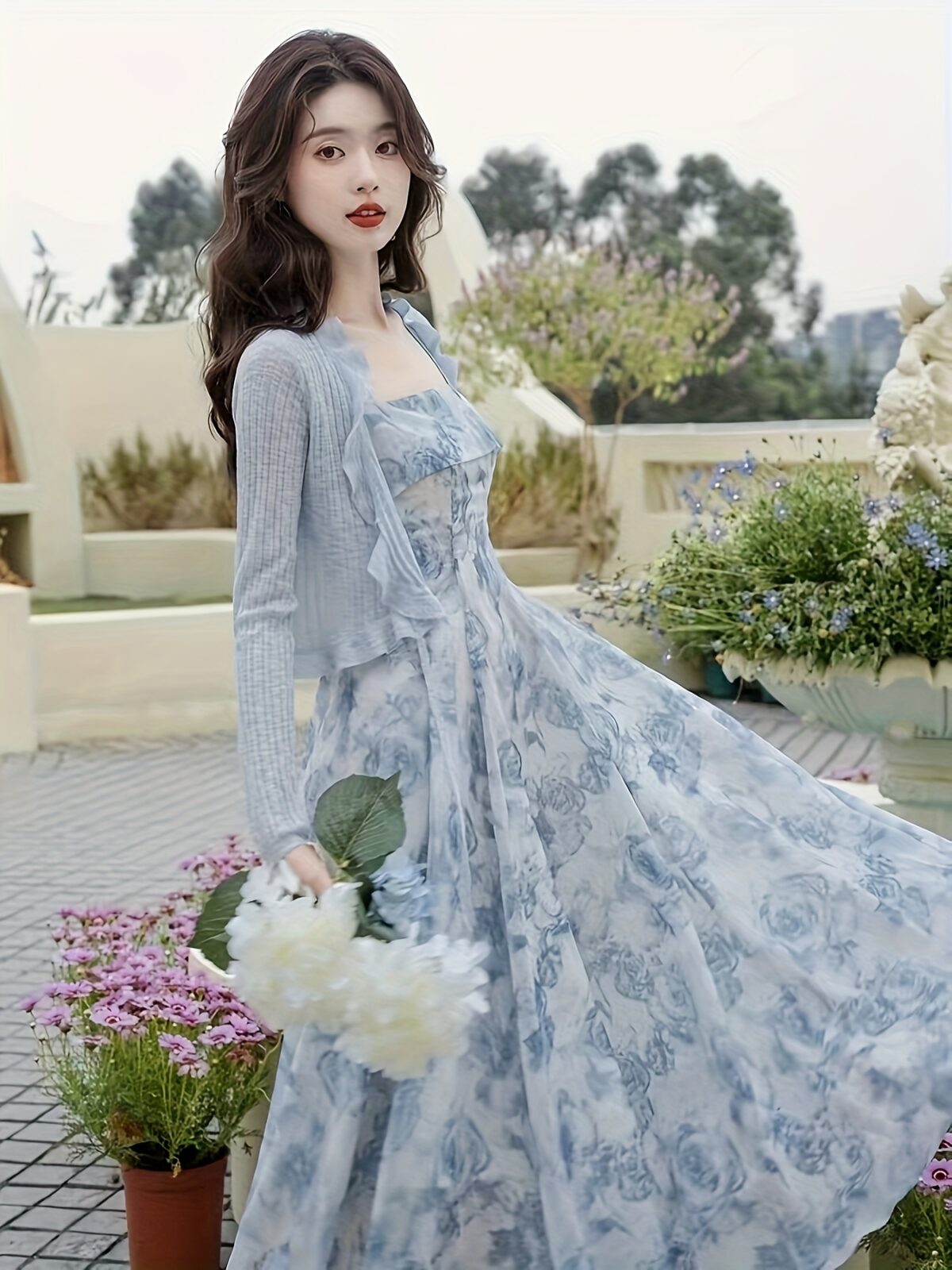 Effortlessly chic Azure Bloom Floral Halter Dress Set perfect for summer soirées and garden parties