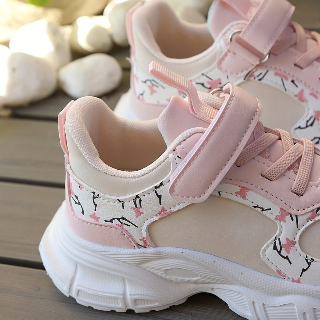 Adorable girls' pink and white sneakers, perfect for active play or everyday wear. Lightweight and comfortable, these shoes offer a stylish blend of fashion and function.