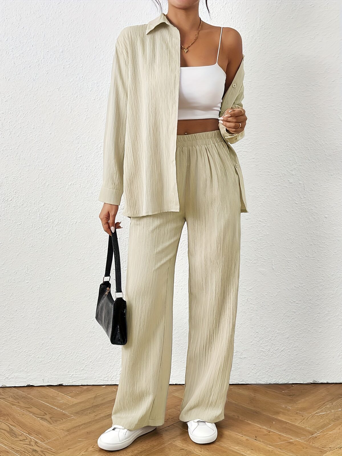 The Newness Milan Wide Leg Pant Set in luxurious polyester Effortless style and modern comfort for every season