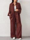 Effortless Chic Newness Belted Shirt and Pants Set in textured fabric Model showcasing the all season comfort and stylish silhouette
