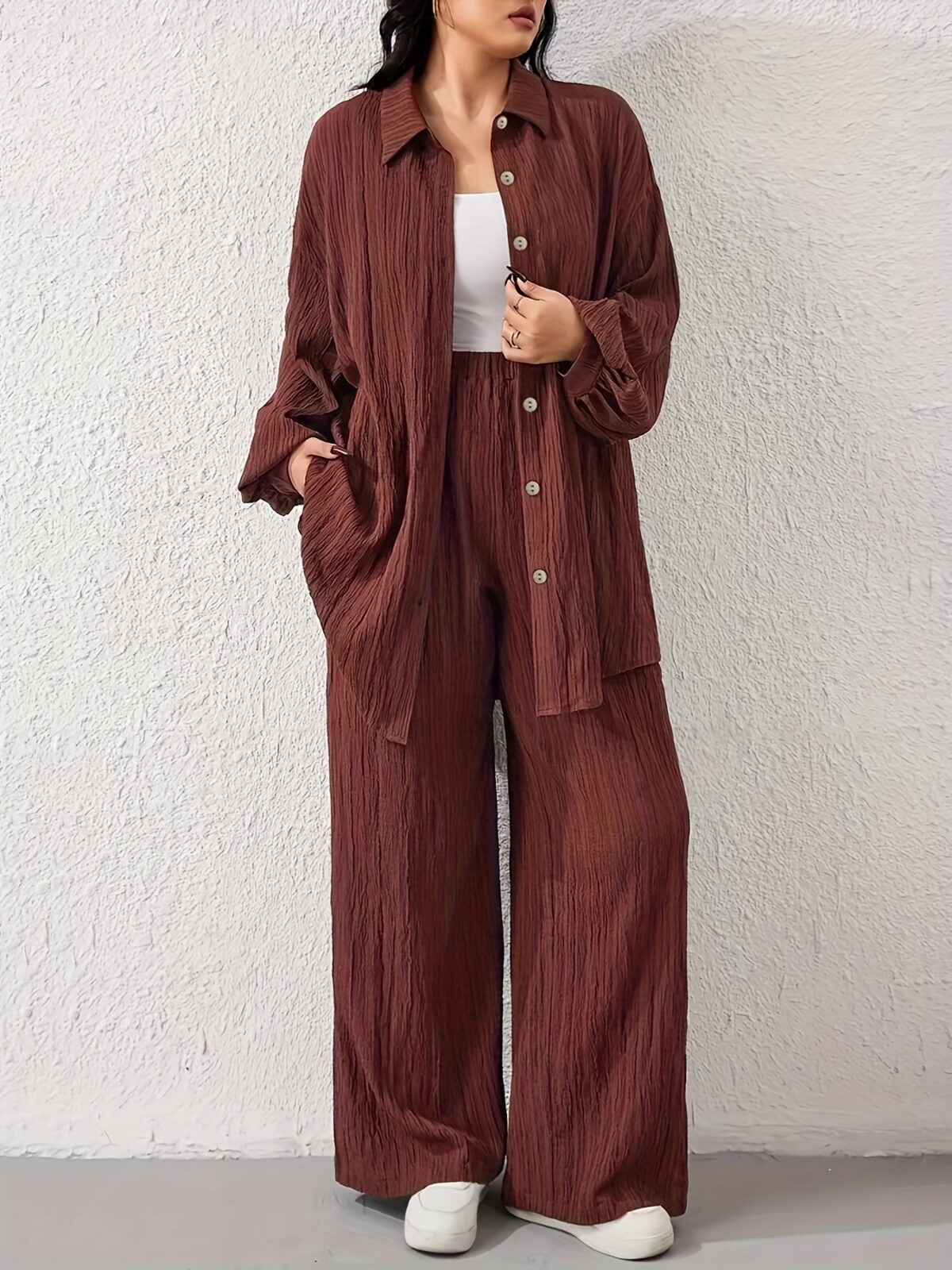 Effortless Chic Newness Belted Shirt and Pants Set in textured fabric Model showcasing the all season comfort and stylish silhouette