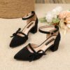 Newness Bow Detail Pointed Toe Pumps Chic wide width heels in black featuring a delicate bow mid block heel and durable rubber sole perfect for both casual and formal wear