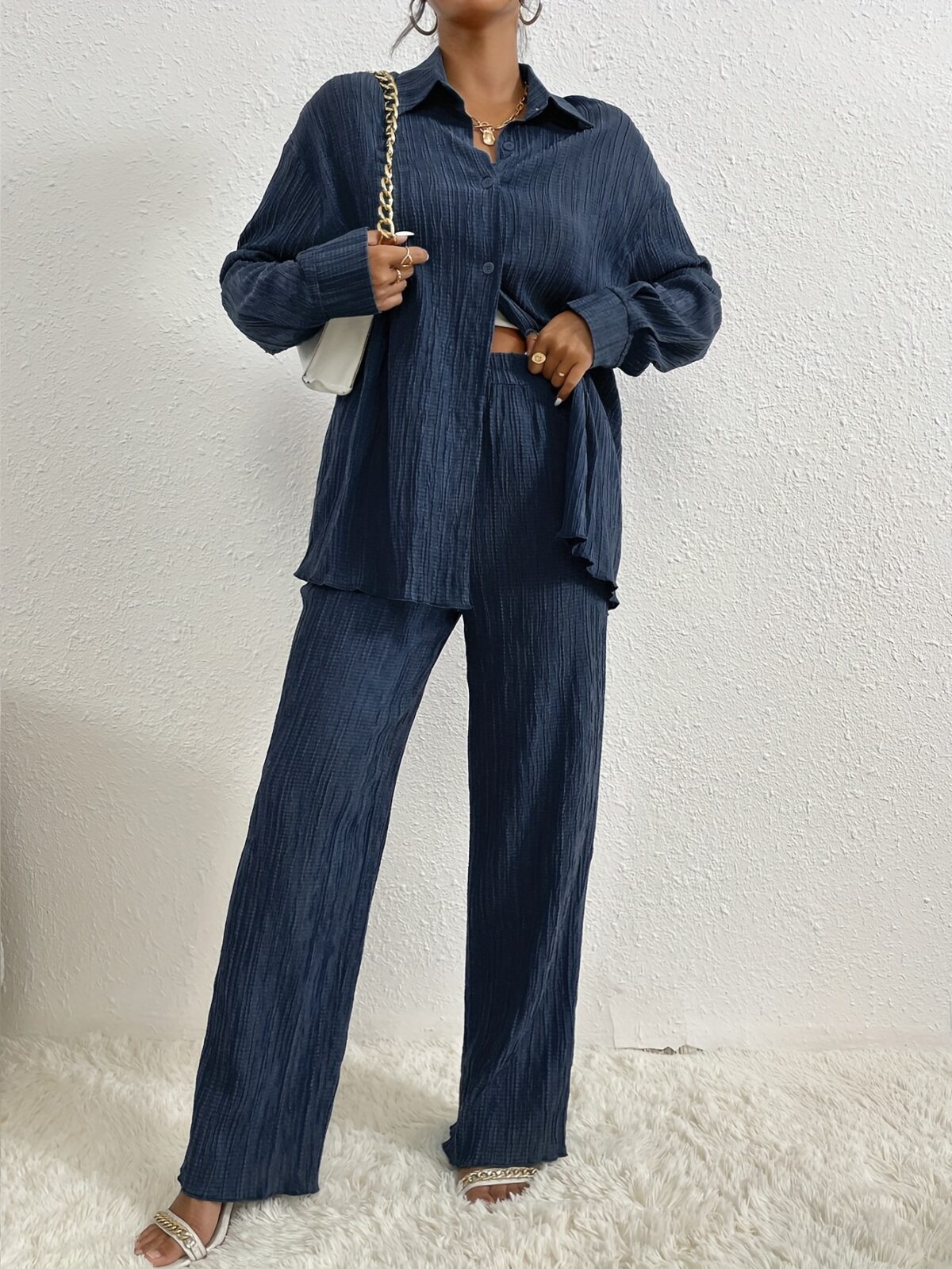 Effortless Chic Casual Pantsuit Set in smooth polyester Model showcases the complete set highlighting its comfort and style for everyday wear
