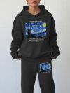Model wearing the Newness Celestial Dreams Starry Night Tracksuit a cozy fleece tracksuit perfect for autumn and winter The tracksuit features a stunning starry night print