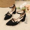 Newness Bow Detail Pointed Toe Pumps Chic wide width heels in black featuring a delicate bow mid block heel and durable rubber sole perfect for both casual and formal wear