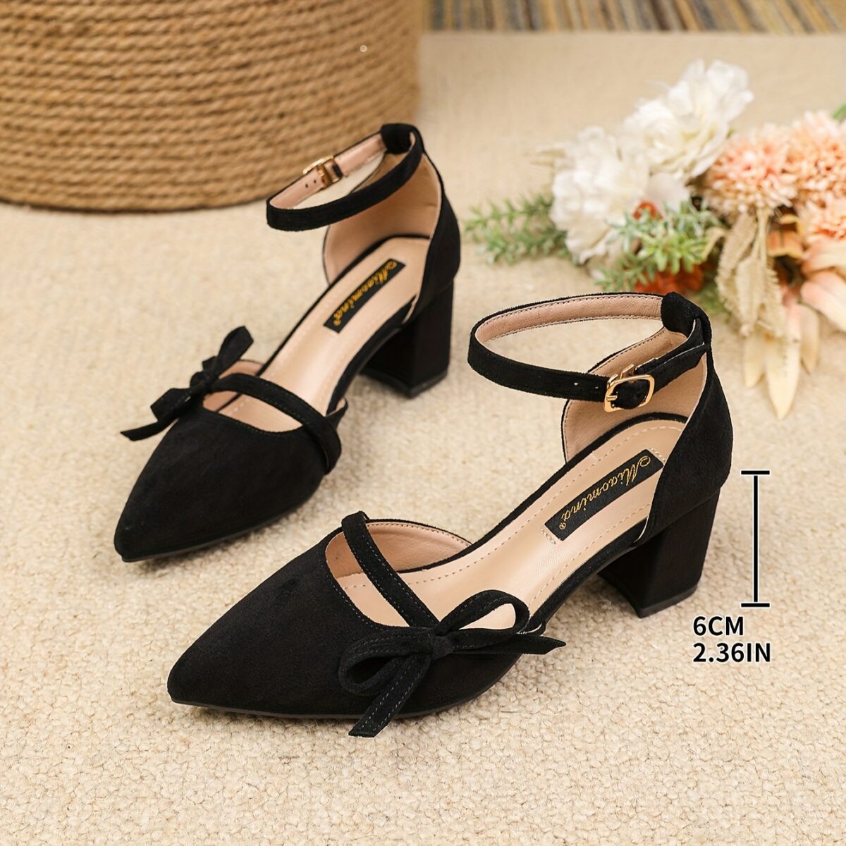 Newness Bow Detail Pointed Toe Pumps Chic wide width heels in black featuring a delicate bow mid block heel and durable rubber sole perfect for both casual and formal wear