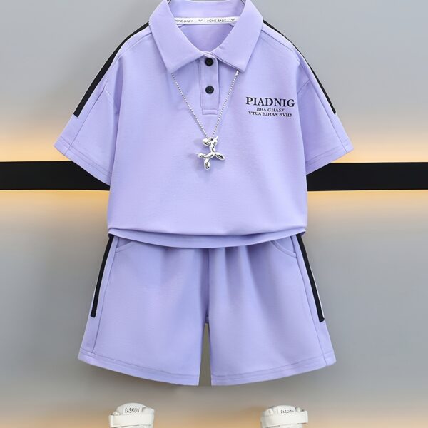 Stylish purple sports set for boys aged 12 and under Breathable polyester fabric ensures comfort and freedom of movement Perfect for summer activities
