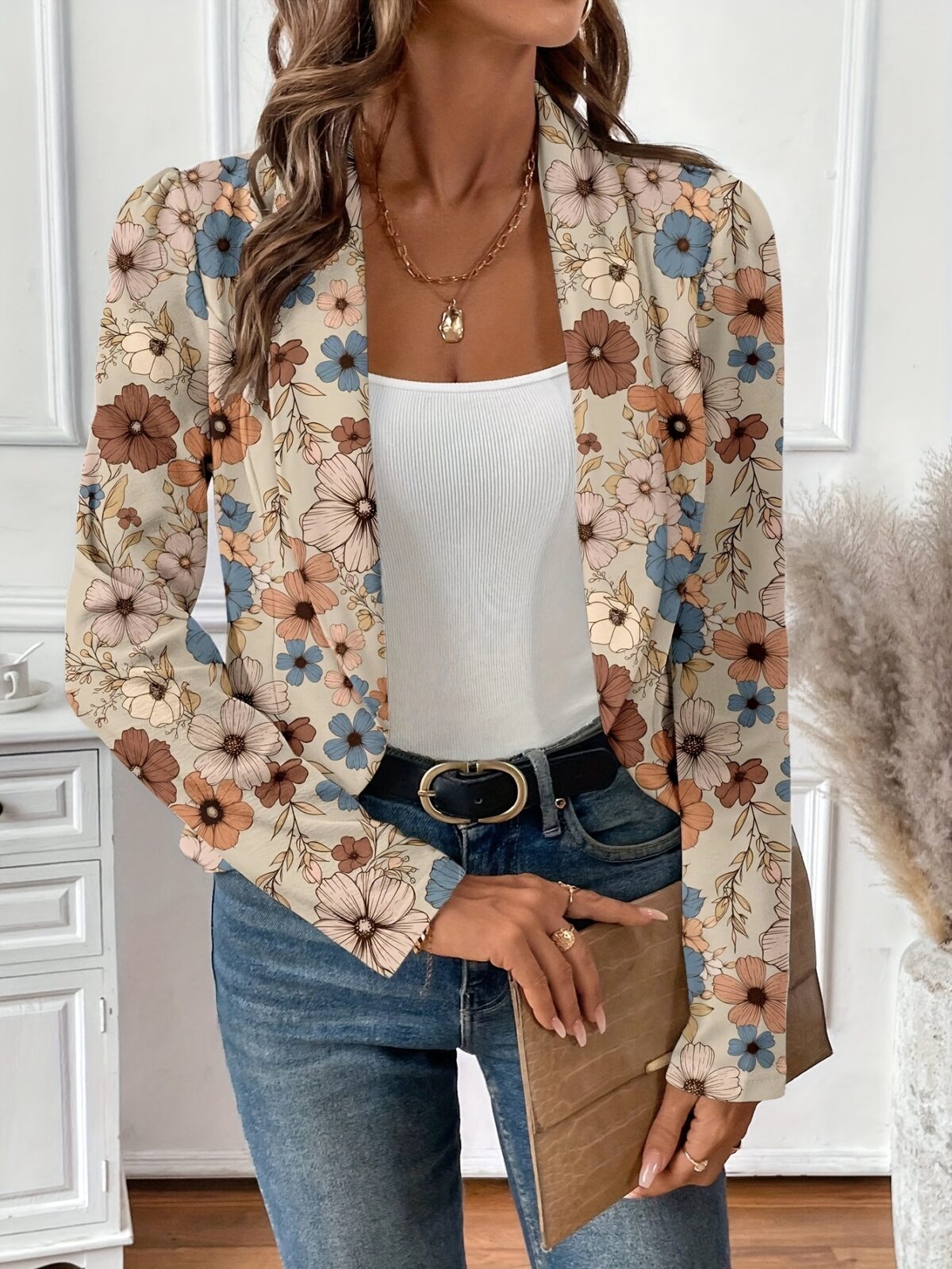 Womens Spring Breeze Floral Print Open Front Blazer in vibrant floral pattern lightweight and loose fitting perfect for spring and summer