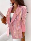 Stylish womens pink floral print blazer with golden accents shown in a loose fit Perfect for spring summer fall or winter