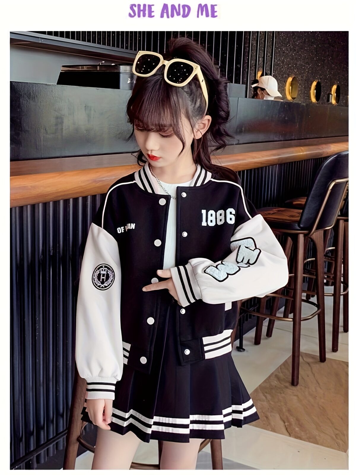 Stylish Newness Girls Varsity Outfit A trendy letter block cardigan and pleated skirt in a sporty chic design
