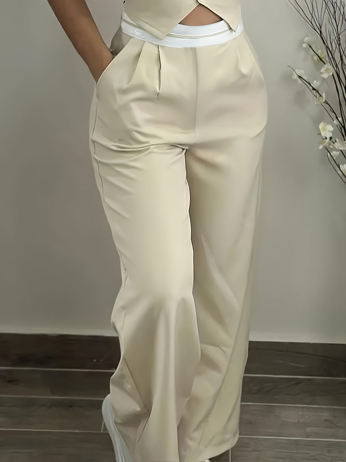 Effortless Chic Newness V Neck Vest and Pants Set in smooth polyester Perfect for any occasion