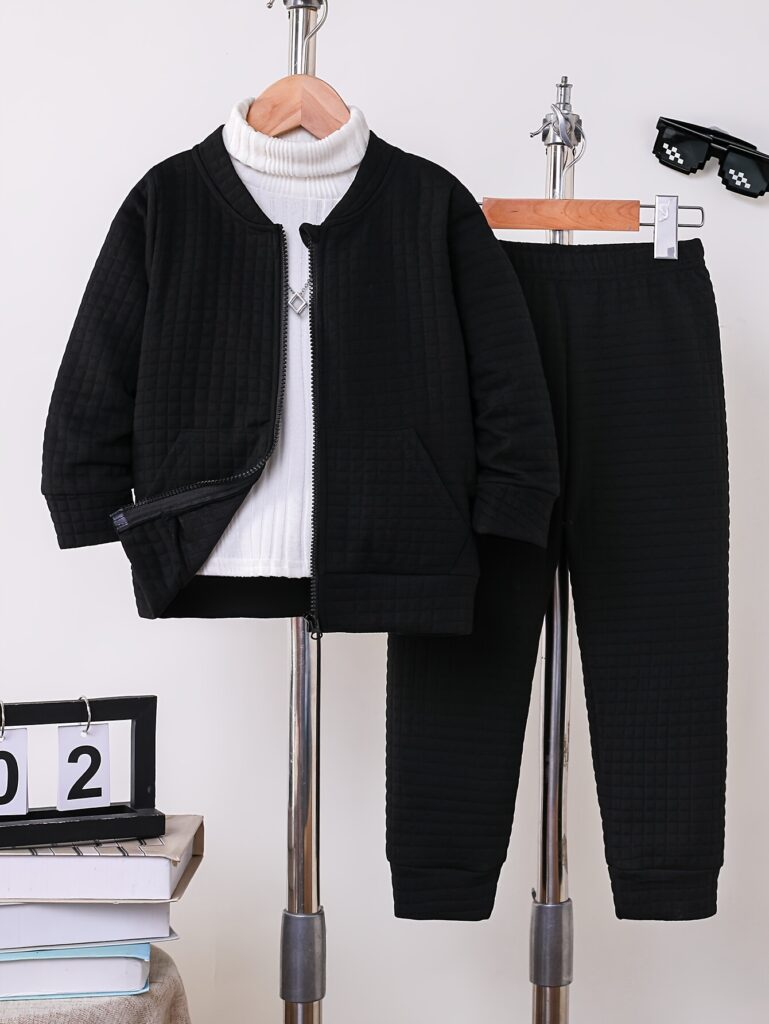 Stylish boys' color block jacket and pants set in vibrant colors. Perfect for active play and casual wear. Made from durable and comfortable polyester knit stretch fabric.