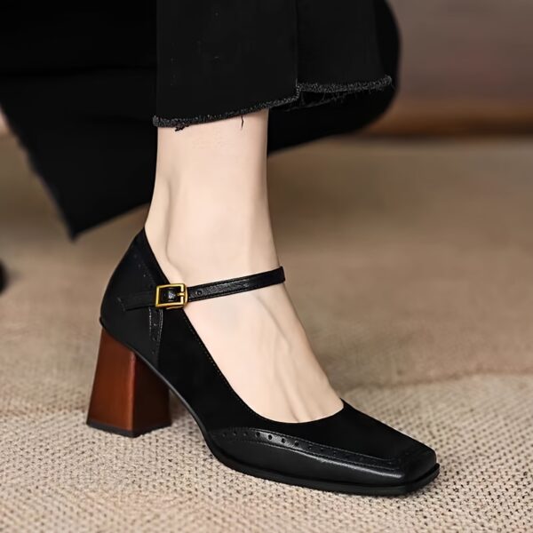 Elegant brown and white vintage style block heel pumps with ankle strap square toe and rubber sole