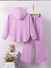 Adorable girls playful cat cartoon hoodie set in French terry knit perfect for spring or fall Features a charming cat design